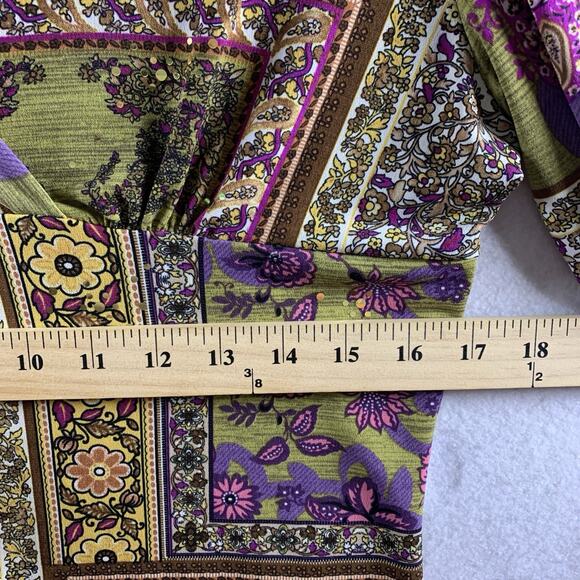 Women Patchwork Print Paisley Top Sz M Y2K Boho Indie Artsy Bling Slinky Stretch - Picture 5 of 10